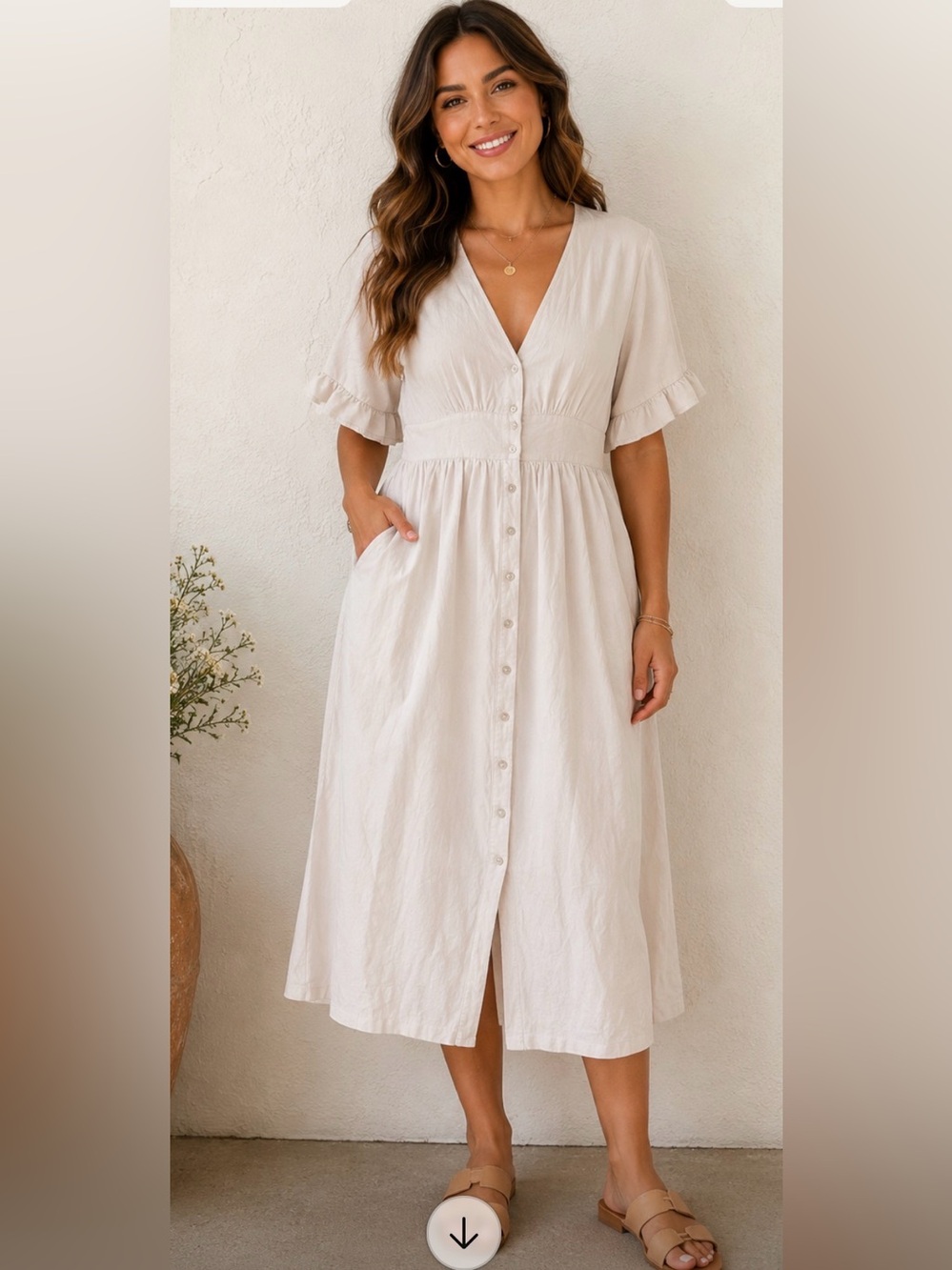 Light Cream Button-Front Midi Dress with Ruffle Sleeves 100% cotton